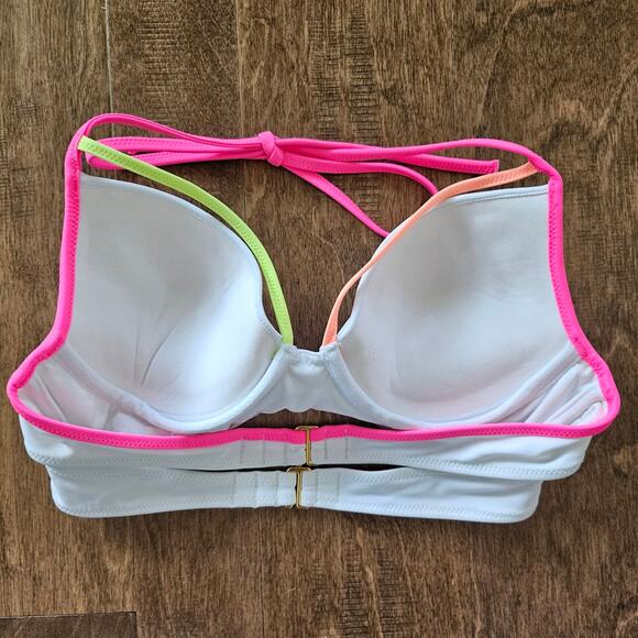 Victoria's Secret Bikini Top Push Up 34 B Strappy White Neon Multicolor Swimsuit - Picture 2 of 6